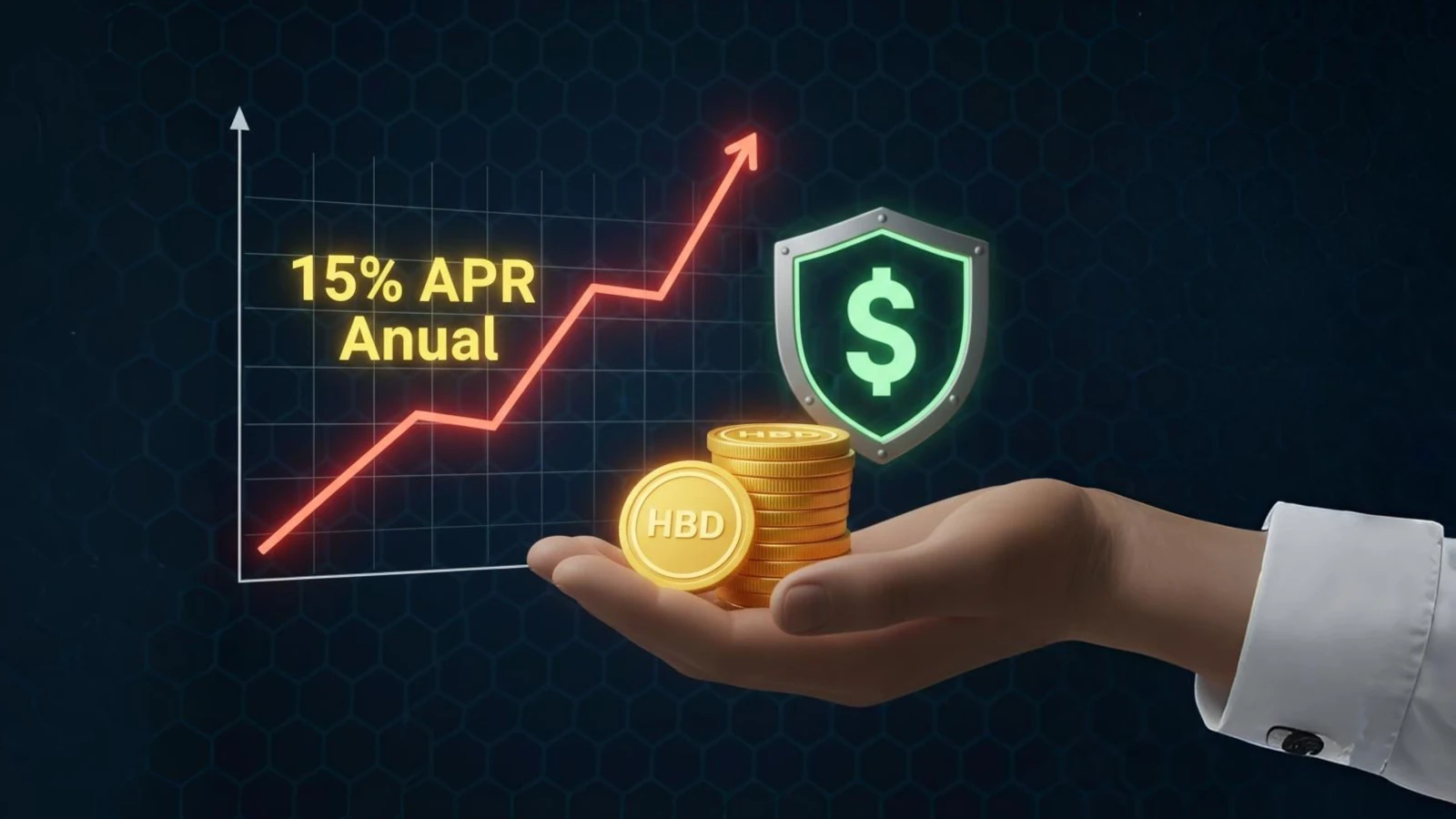 Gráfico ascendente con el token Hive Backed Dollar (HBD) y el texto 15% APR, representando la estabilidad y el alto interés anual de los ahorros en Hive Blockchain