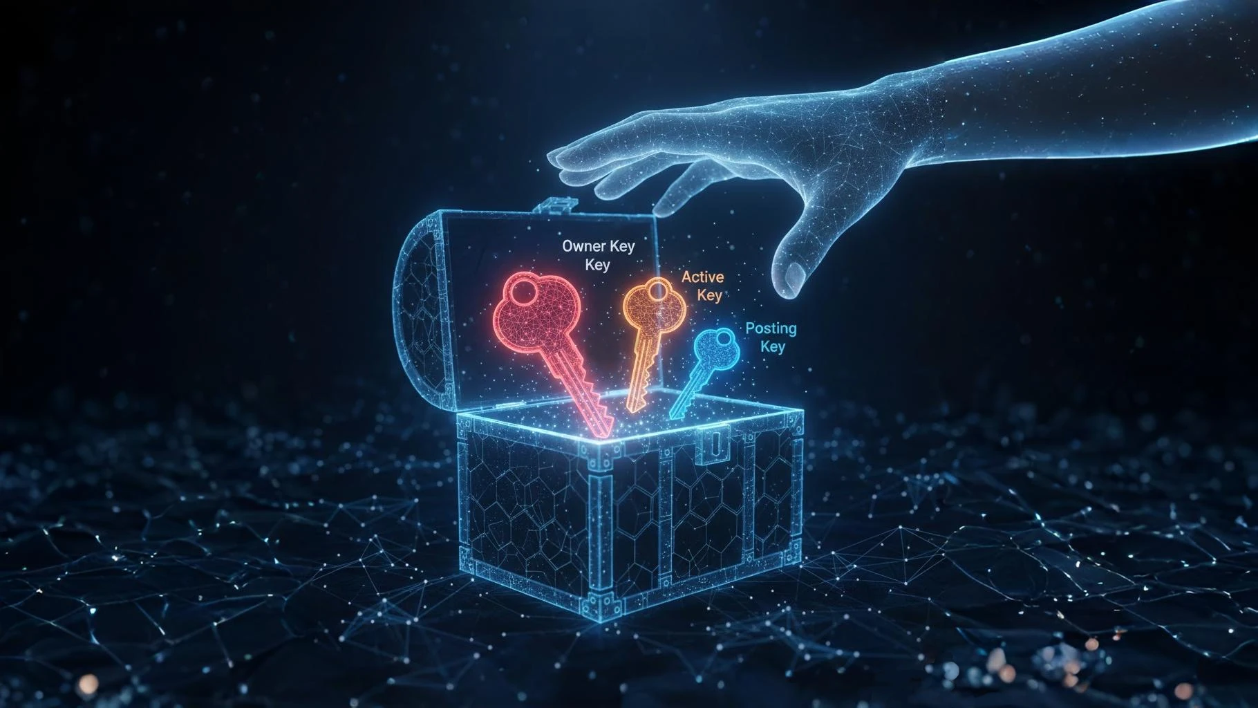 Ilustración de un cofre del tesoro digital con llaves de Hive flotando, representando la importancia de proteger las Private Keys para la seguridad en la blockchain