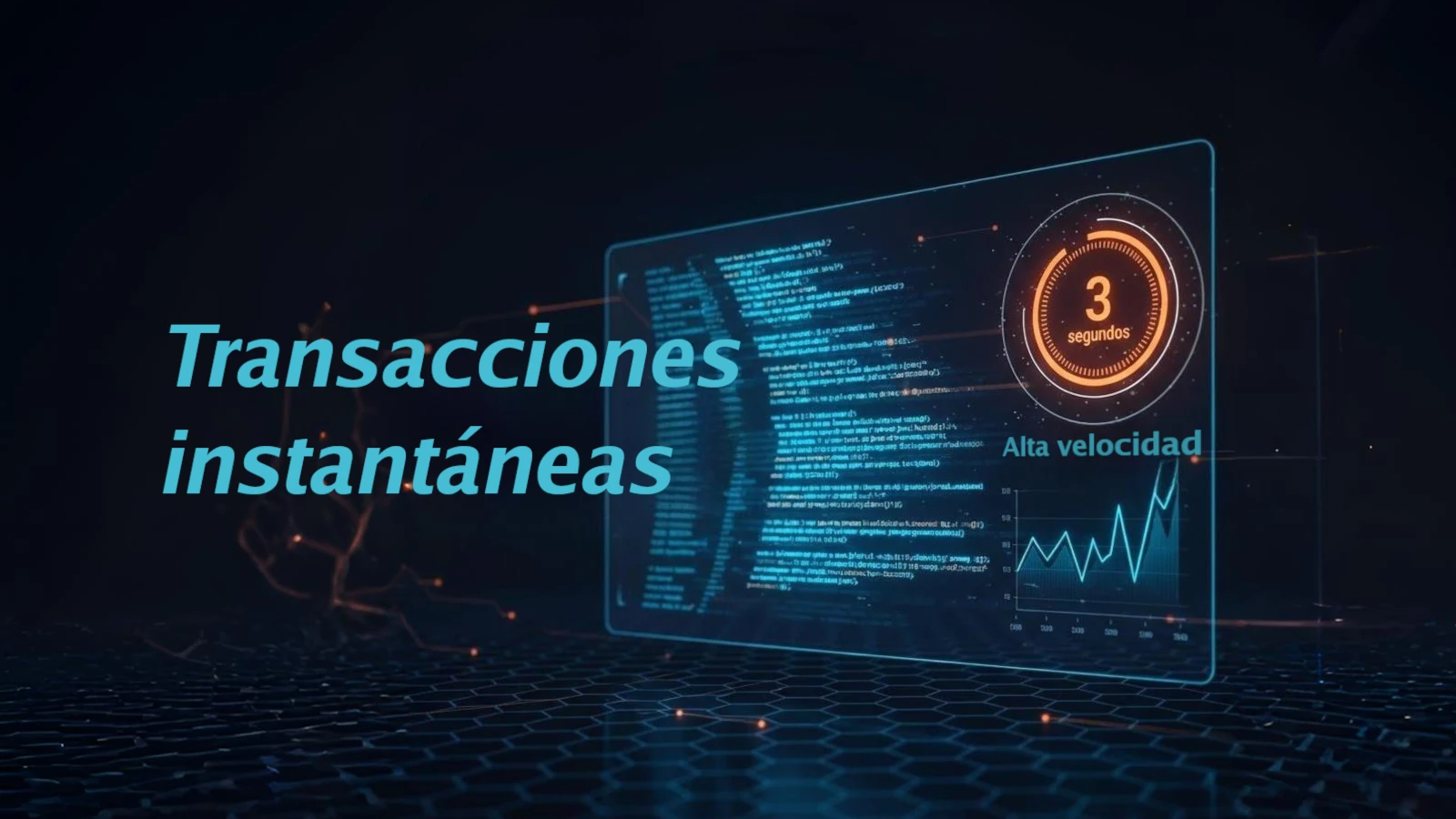 Pantalla de código fluyendo con indicadores de alta velocidad y un temporizador de 3 segundos, simbolizando la eficiencia de Hive Blockchain
