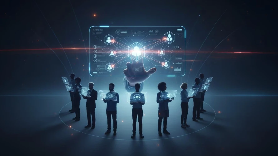 Representación visual del sistema DPoS de Hive: manos humanas votando sobre una red de nodos interconectados, simbolizando la gobernanza descentralizada y la democracia digital