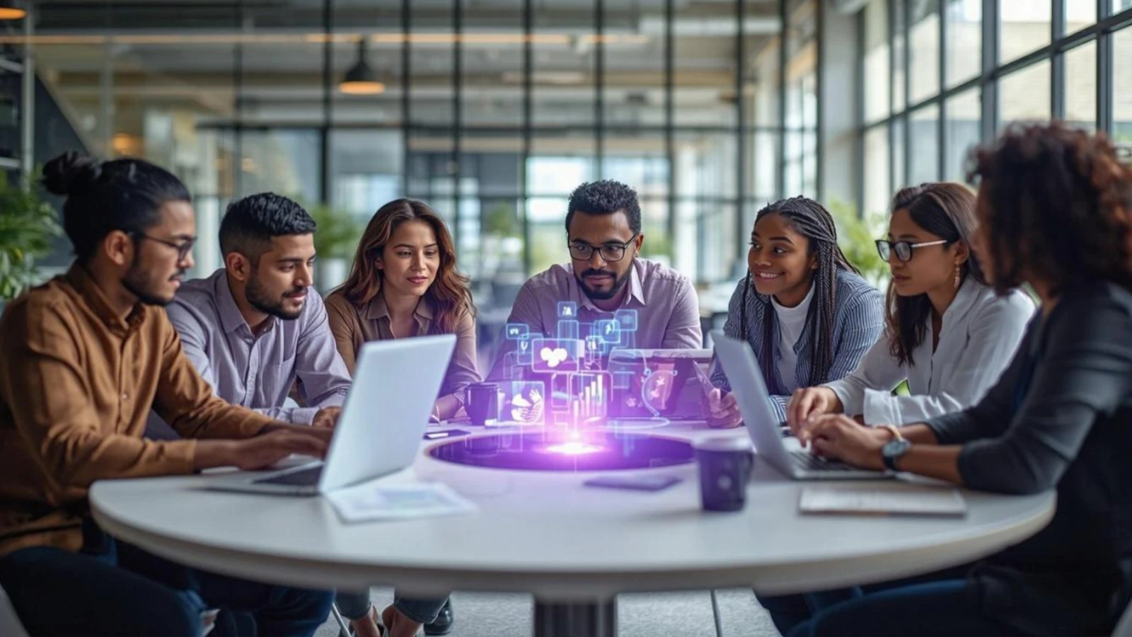 Equipo multidisciplinario de curadores de La Colmena colaborando en una mesa con tecnología blockchain y redes sociales.